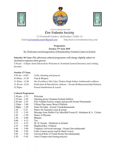Dedication Of Eire Vedanta Society