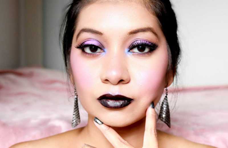 Holographic Lavender Eyes And Deep Vampy Lips Makeup Look